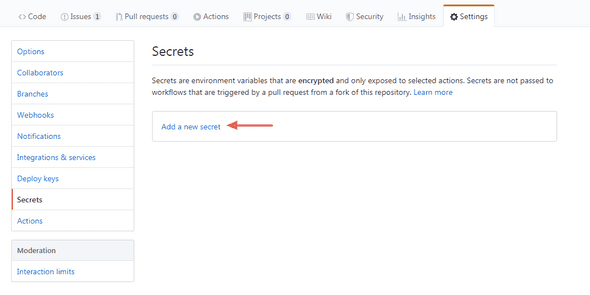 Github, adding a new repo secret (click to enlarge)